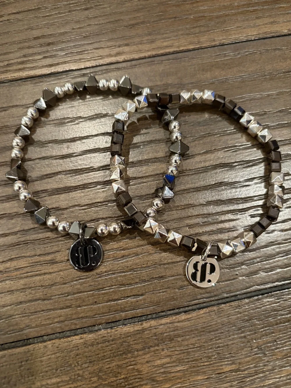 Set of 2 BP Bomb Party Stretch Bracelet Silver Black stacks